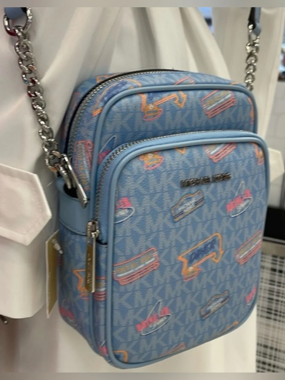 Michael Kors Light Blue Logo Print Messenger Crossbody with Chain Strap